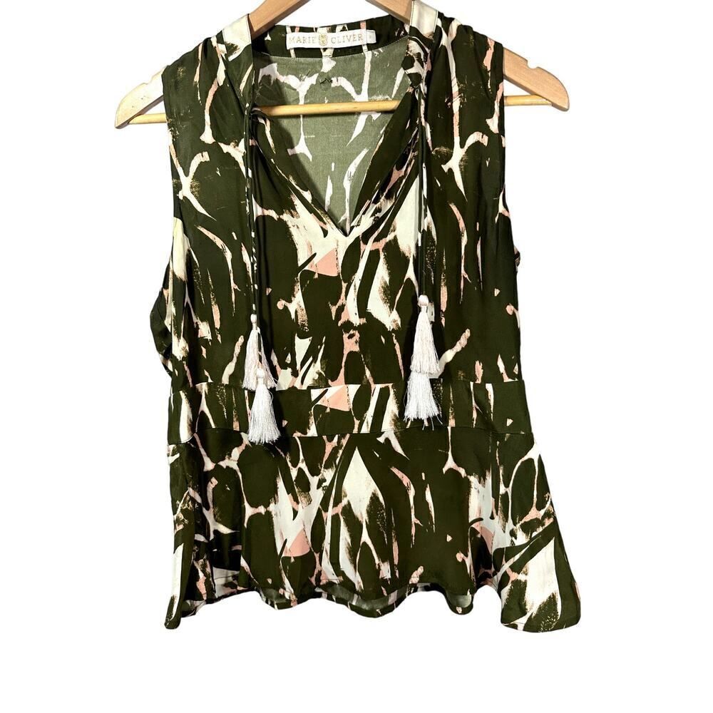 MARIE OLIVER Women's Abstract Print Silk Sleeveless Blouse Green Size Small